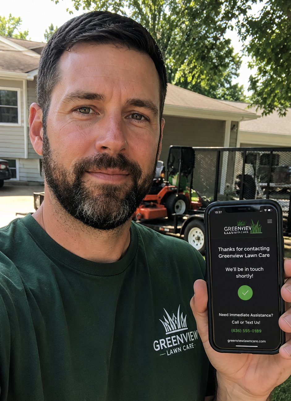 Lawn care business owner holding phone with new lead notification