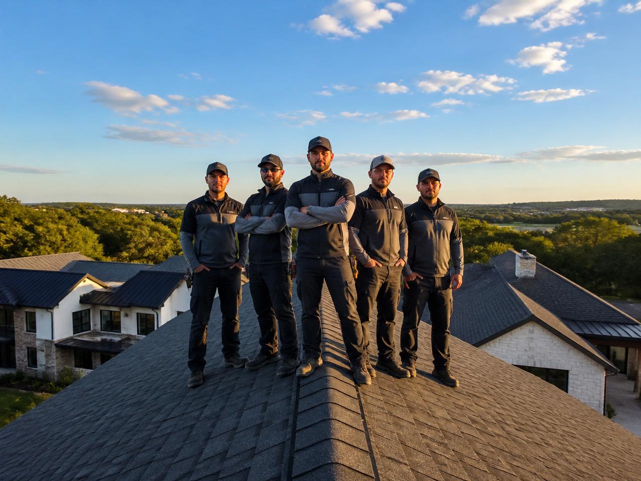 Roofing crew standing on a completed roof