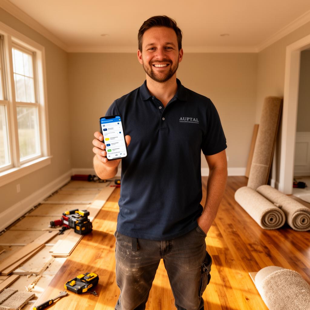Flooring business owner with phone showing new lead notification